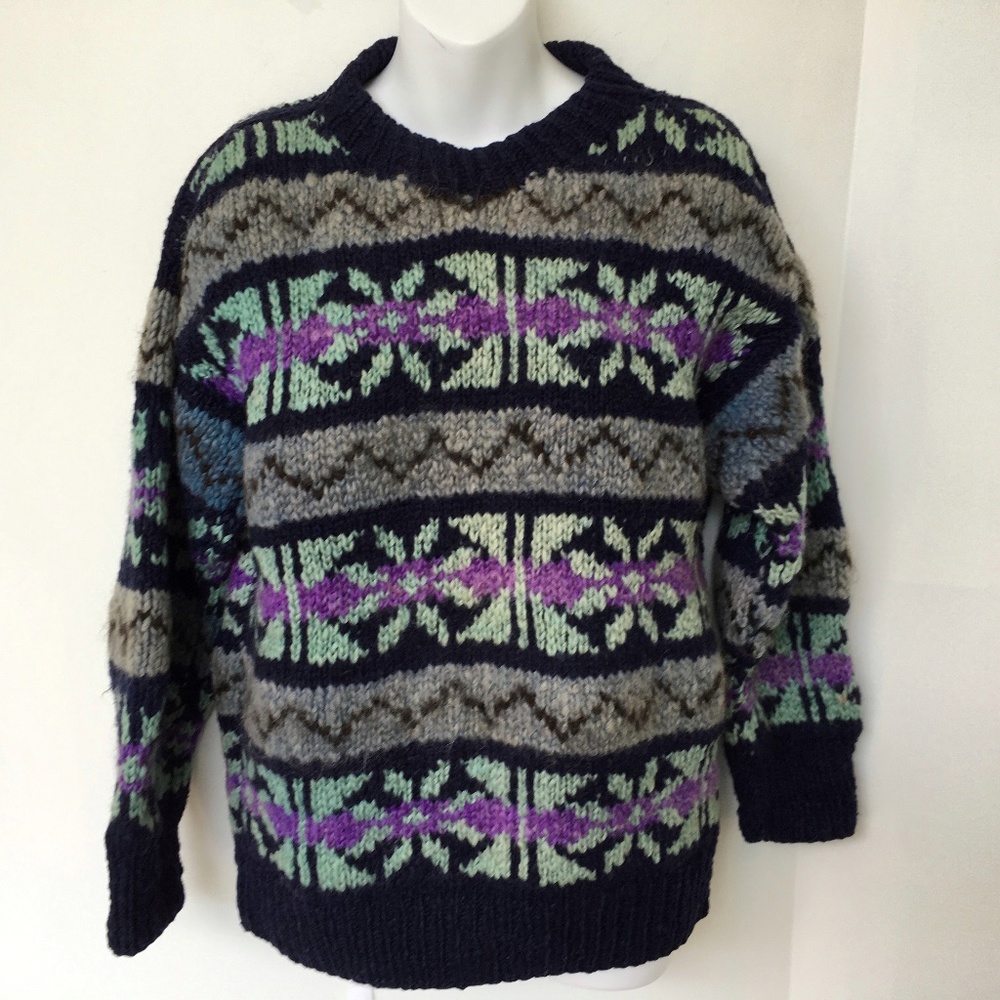 Chunky Wool Hand Knit Equador Fair Isle Sweater Pullover Sz S - M El Sol